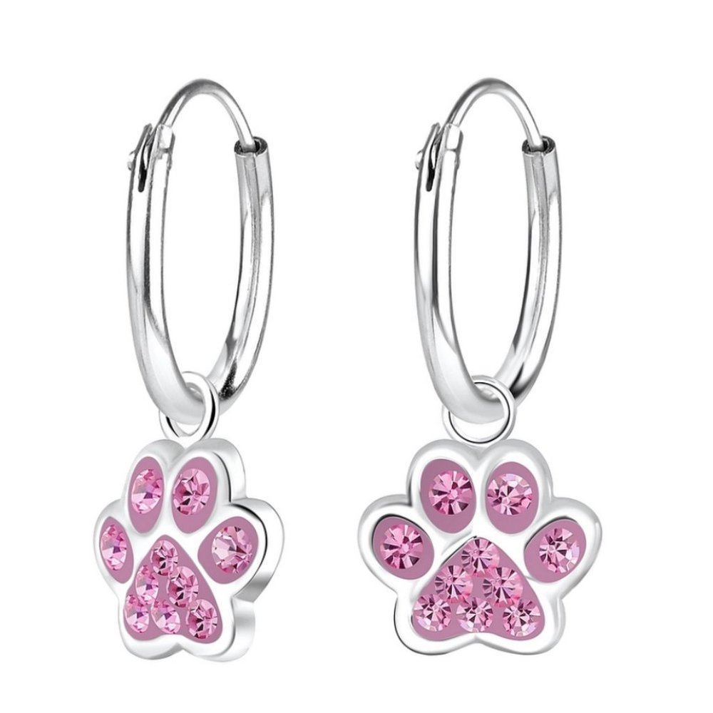 Silver Paw Print Charm Hoop Earrings